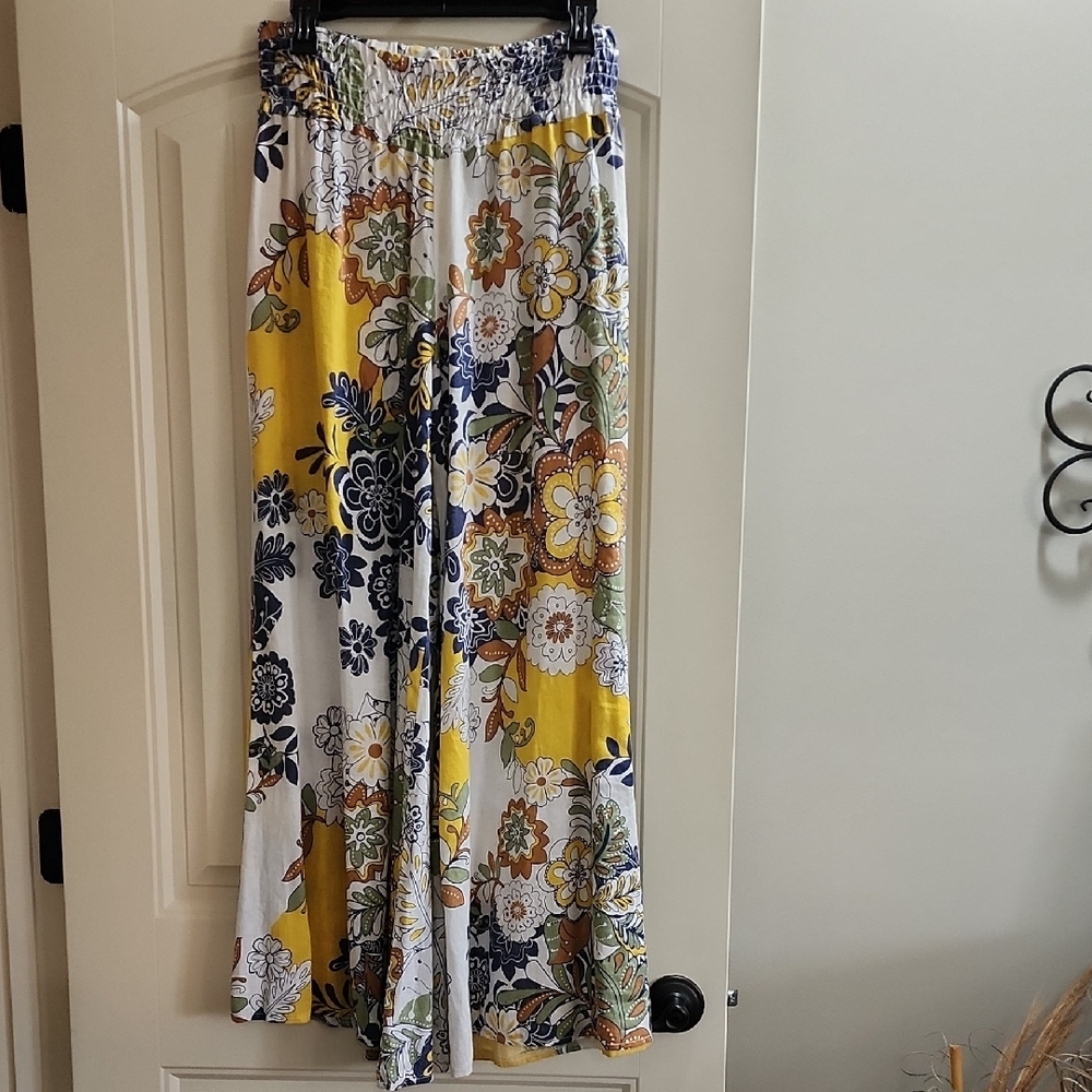 Floral Yellow and Blue Women's Wide leg pants